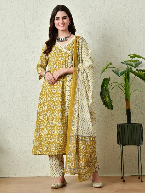 Women's Mustard Printed Angrakha A line Kurta Pant With Dupatta Set - Rasiya Comfortable Fleece Pants Women's Mustard Printed Angrakha A line Kurta Pant With Dupatta Set - Rasiya Comfortable Fleece Pants