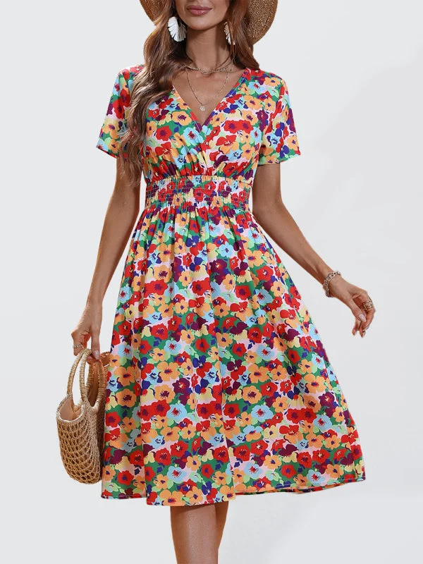 Blue Zone Planet | Summer elegant vacation V-neck floral print short-sleeved dress Tunics Occasion special Blue Zone Planet | Summer elegant vacation V-neck floral print short-sleeved dress Tunics Occasion special