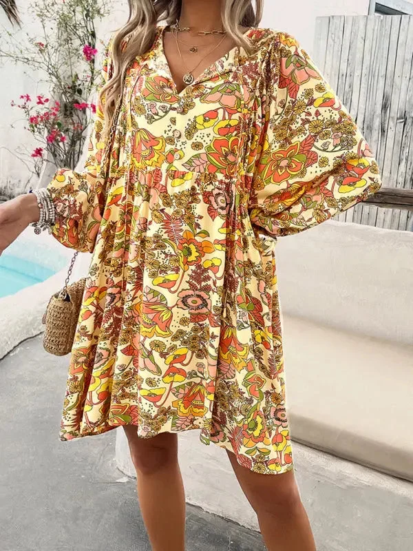 Blue Zone Planet |  Jade's V-neck loose floral printed mini dress Cozy Long Sleeve Mini Dress
