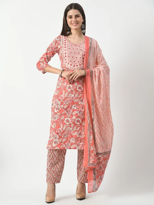Pink Printed and Embroidered Kurta Pant With Dupatta Set - Rasiya Fashionable Sporty Pants Pink Printed and Embroidered Kurta Pant With Dupatta Set - Rasiya Fashionable Sporty Pants