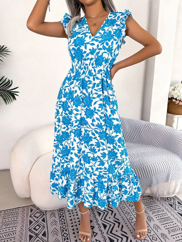 Blue Zone Planet |  printed V-neck floral waistband holiday dress Tunics Office stylish