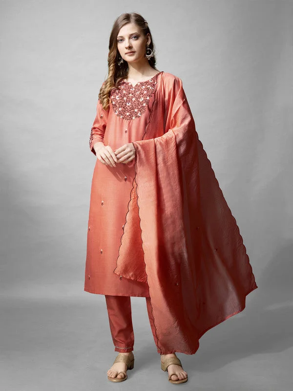 Malishka Women's Coral Embroidered Cotton Blend Kurta Pant Set With Dupatta Elegant Silk Pants