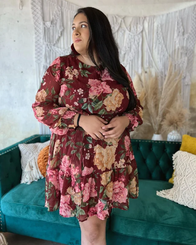 (PLUS) Britney Burgundy Floral Mini Dress Fashionable Lace Mini Dress