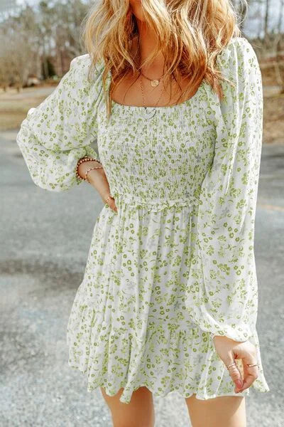 Blue Zone Planet |  Smocked Floral Square Neck Balloon Sleeve Dress Tunics Chic elegant