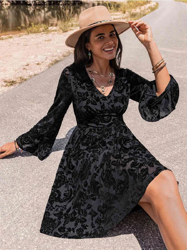Blue Zone Planet |  Floral V-Neck Flare Sleeve Mini Dress Cozy Cotton Mini Dress