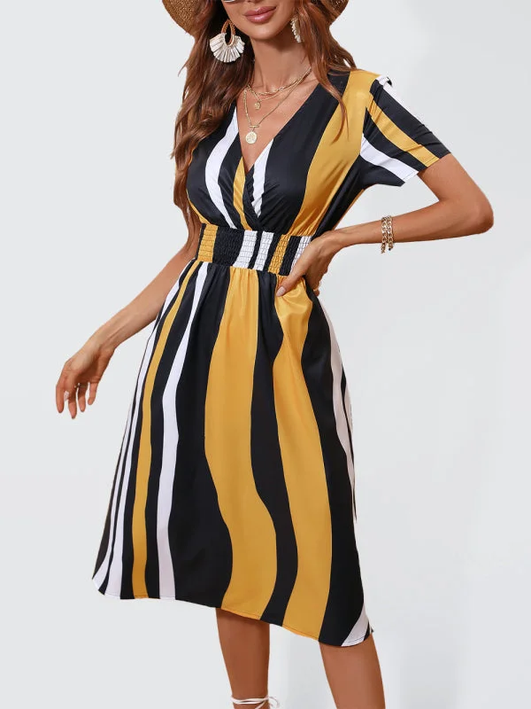 Blue Zone Planet |  Summer elegant vacation V-neck floral print short-sleeved dress Turtleneck Neckline Stylish