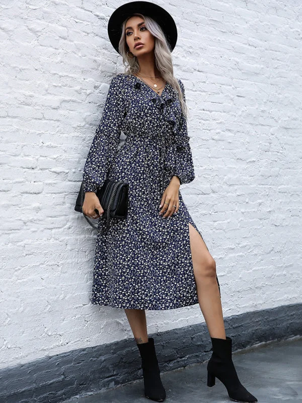 Blue Zone Planet |  ruffle collar long-sleeved floral dresses Tunics Fashionable trendy