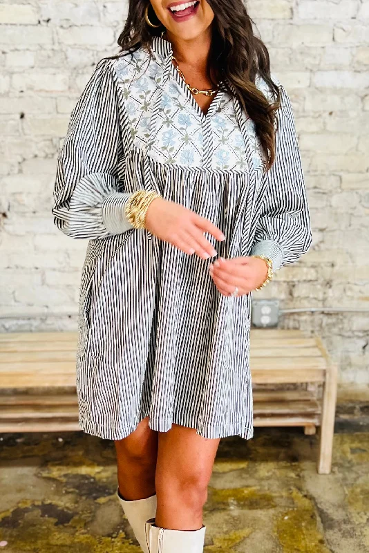 Blue Zone Planet |  Black Stripe Floral Patchwork Tied V Neck Shift Long Sleeve Mini Dress Modern Satin Mini Dress