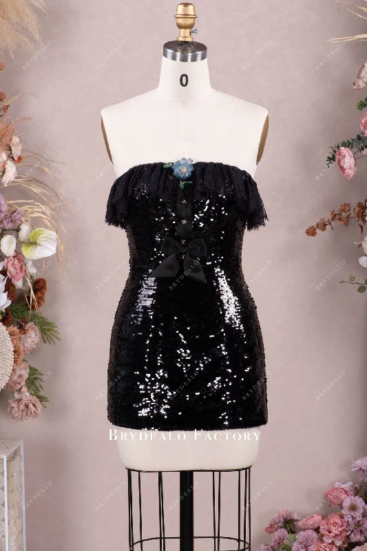 Black Sequin Ruffled Lace Satin Bow Mini Dress Chic Mini Dress with V-Neck