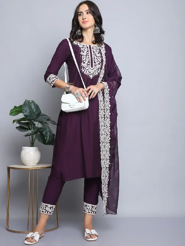 Indian Fashion Women Wine Embroidery silk Kurta, Pant And Dupatta Set Comfortable Denim Leggings