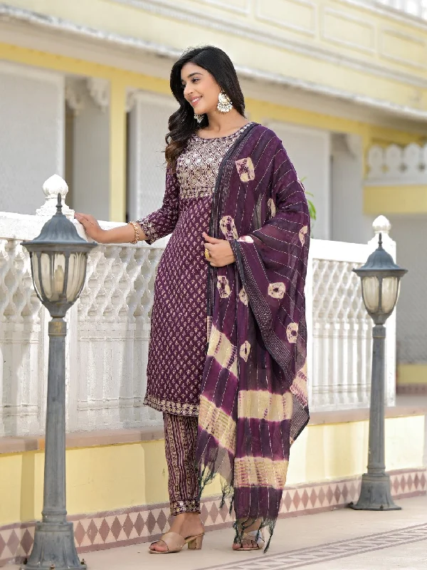 Juniper Women's Wine Ethnic Motif Printed Cotton Kurta, Pant And Dupatta Set With Zari Work & Sequins Chic Black Leggings