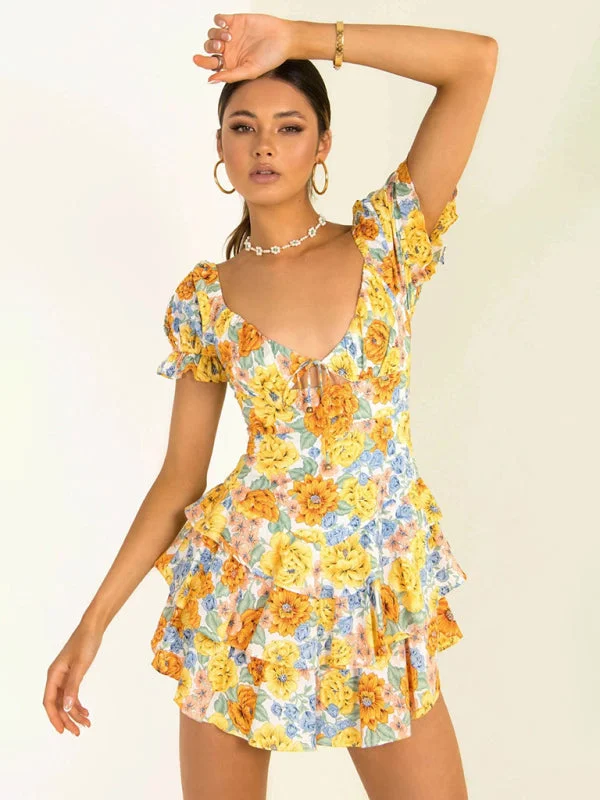 Blue Zone Planet | Mia's Short Ruffle Sleeve Floral Print Tiered Mini Dress Comfortable Zip-Up Mini Dress