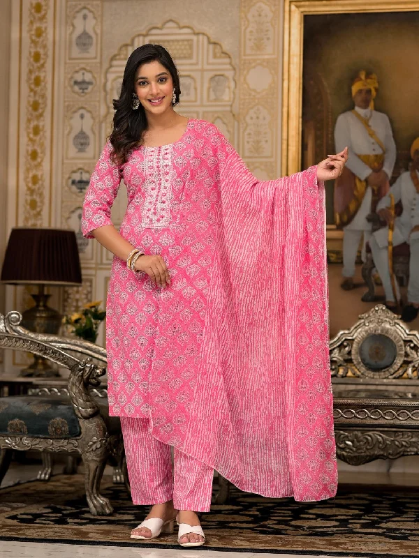 Juniper Women's Pink Ethnic Motif Printed Cotton Kurta, Pant And Dupatta Set With Thread And Mirror Work Casual Sweatpants Style