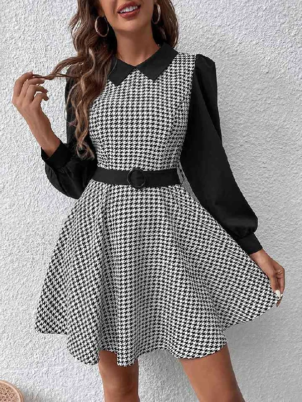 Houndstooth Long Sleeve Mini Dress Casual High-Waist Mini Dress