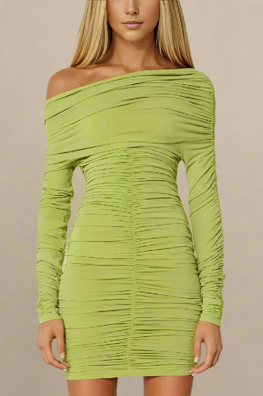 Alessandra Long Sleeve Wrap Bodycon Mini Dress - Pickle Green Elegant Mini Dress with Pleats