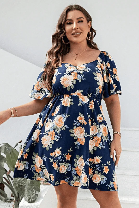 Plus Size Floral Print V-Neck Flutter Sleeve Mini Dress Elegant Velvet Mini Dress
