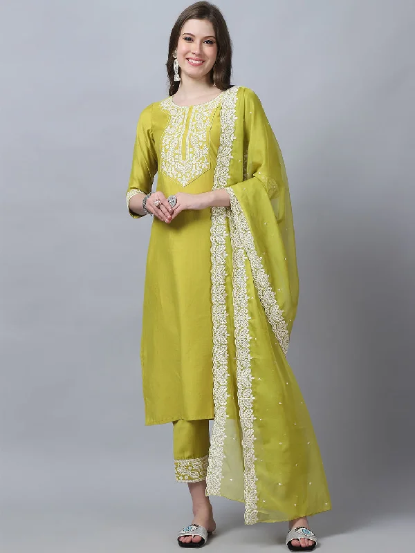 Indian Fashion Women Yellow Embroidery silk Kurta, Pant And Dupatta Set Comfortable Denim Pants