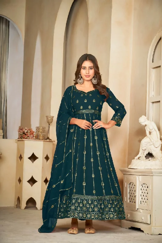 Jyoti Fashion Women's Rama Georgette Embroidered Anarkali Kurta Pant Set With Dupatta Cozy Jogger Leggings