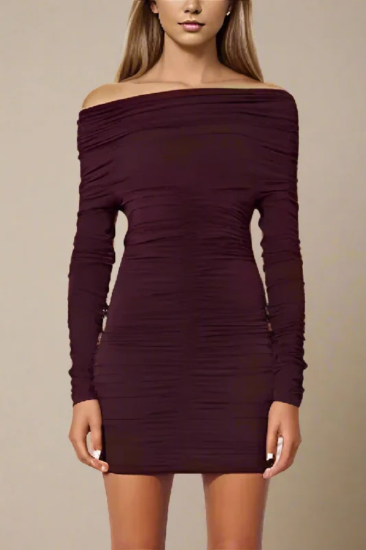 Alessandra Long Sleeve Wrap Bodycon Mini Dress - Red Wine Chic Mini Dress with V-Neck