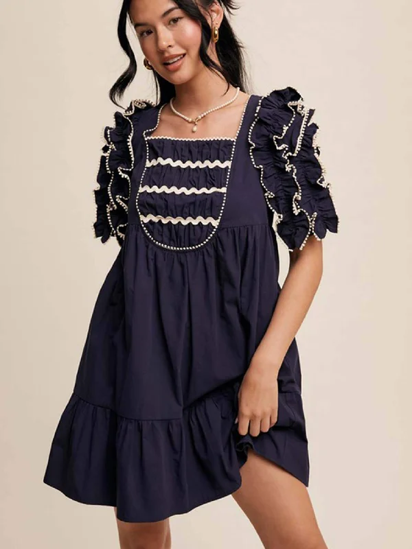 Navy and White Stitch Ruffle Mini Dress Classic Casual Mini Dress