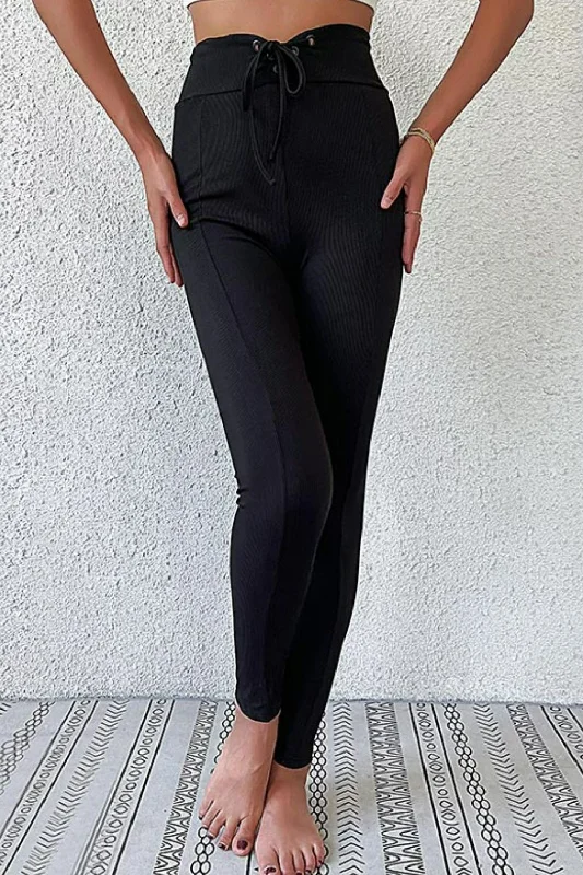 Lace-Up Skinny Pants Trendy Printed Leggings