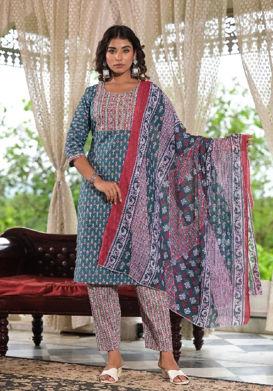 Juniper Women's Teal Blue Ethnic Motif Printed Cotton Kurta, Pant And Dupatta Set With Zari & Thread Work Elegant Wool Trousers