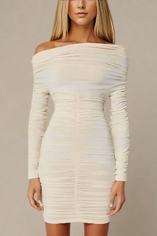 Alessandra Long Sleeve Wrap Bodycon Mini Dress - Cream Trendy Wraparound Mini Dress
