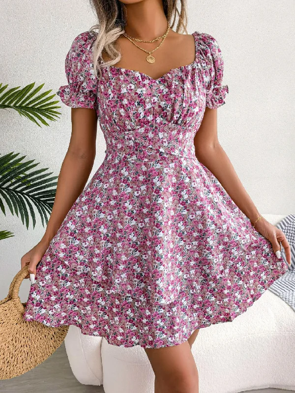 Floral Sweetheart Neck Flounce Sleeve Mini Dress Trendy Off-Shoulder Dress Mini