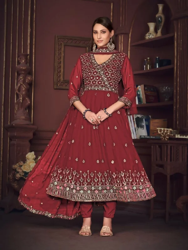 Jyoti Fashion Women's Maroon Georgette Embroidered Anarkali Kurta Pant Set With Dupatta High-Waist Jeans
