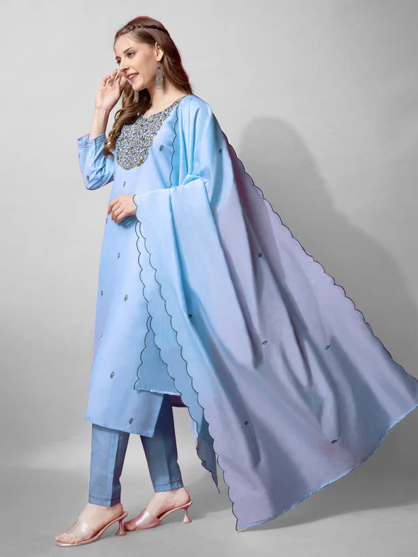 Malishka Women's Sky Blue Embroidered Cotton Blend Kurta Pant Set With Dupatta Relaxed Linen Pants