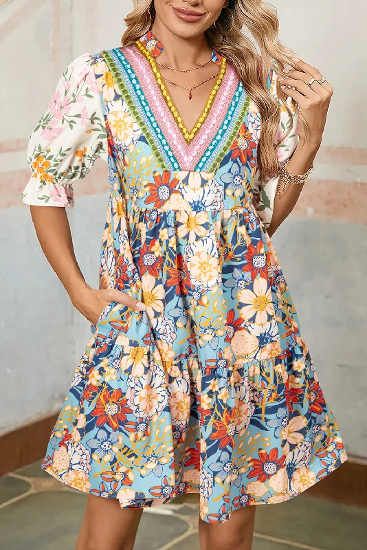 Blue Zone Planet |  Multicolor Allover Floral Print V Neck Tiered Mini Dress Elegant Lace Mini Dress