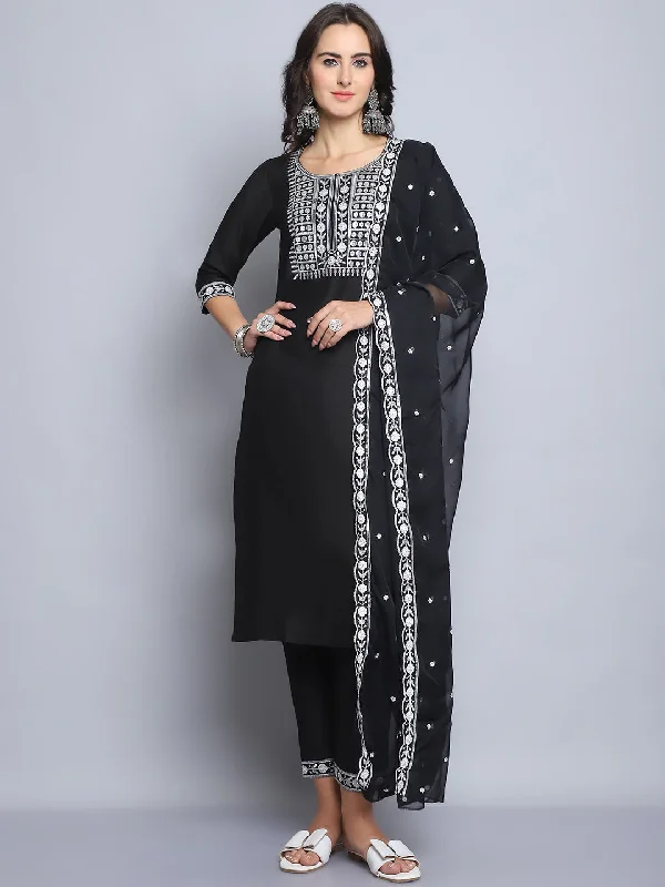 Indian Fashion Women Black Embroidery silk Kurta, Pant And Dupatta Set Chic Slim Fit Pants