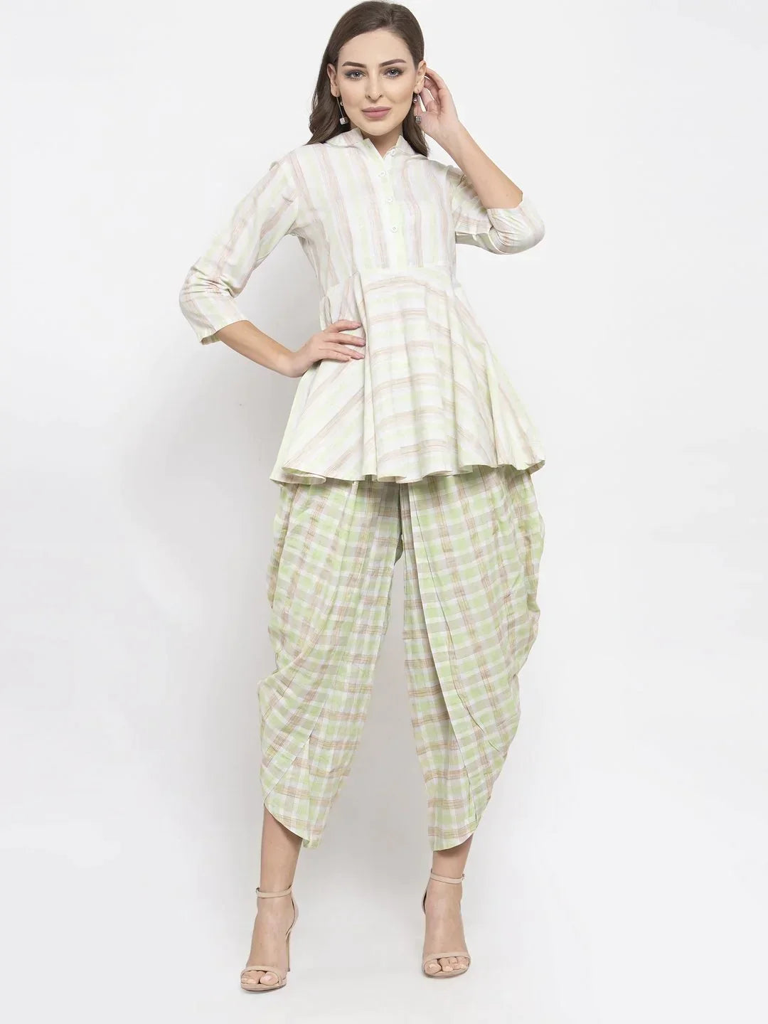 Women Green And White Striped Kurta With Dhoti Pants - Rasiya Sleek Black Pants