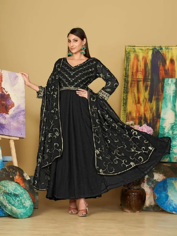 Jyoti Fashion Women's Black Georgette Embroidered Anarkali Kurta Pant Set With Dupatta Cozy Knit Pants