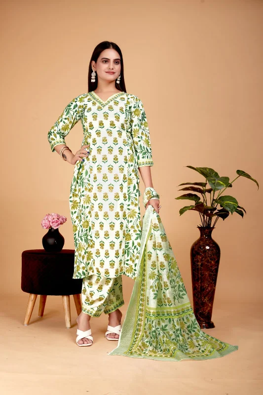 Women's Cotton A-Line Green Kurta Pant With Dupatta Set - A2M Cozy Jogger Leggings