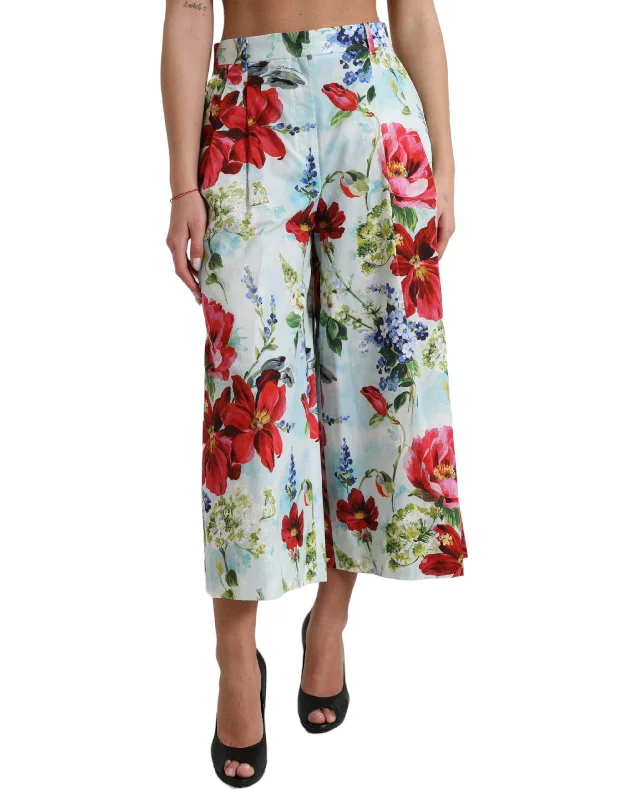 Dolce & Gabbana Floral High Waist Wide Leg Women's Pants Casual Plaid Pants