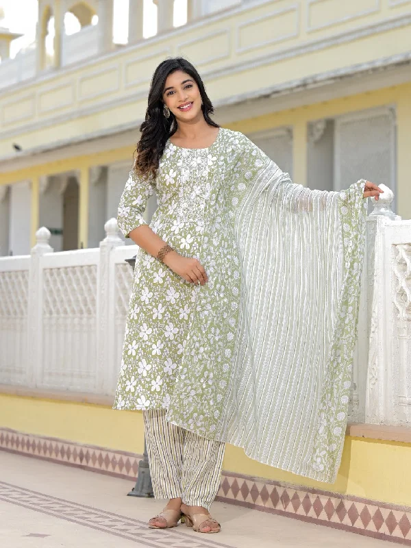 Juniper Women's Green Floral Printed Cotton Kurta, Pant And Dupatta Set With Thread & Mirror Work Formal Wide-Leg Pants
