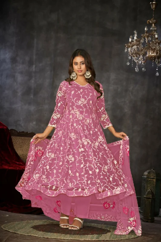 Jyoti Fashion Women's Pink Net Embroidered Anarkali Kurta Pant Set With Dupatta Relaxed High-Waist Trousers