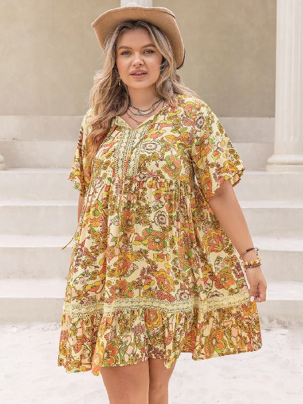 Hazel Blues® | Printed Tie Neck Short Sleeve Mini Dress Comfortable Bodycon Mini Dress