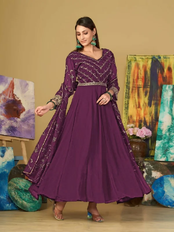 Jyoti Fashion Women's Purple Georgette Embroidered Anarkali Kurta Pant Set With Dupatta Comfortable Cargo Pants