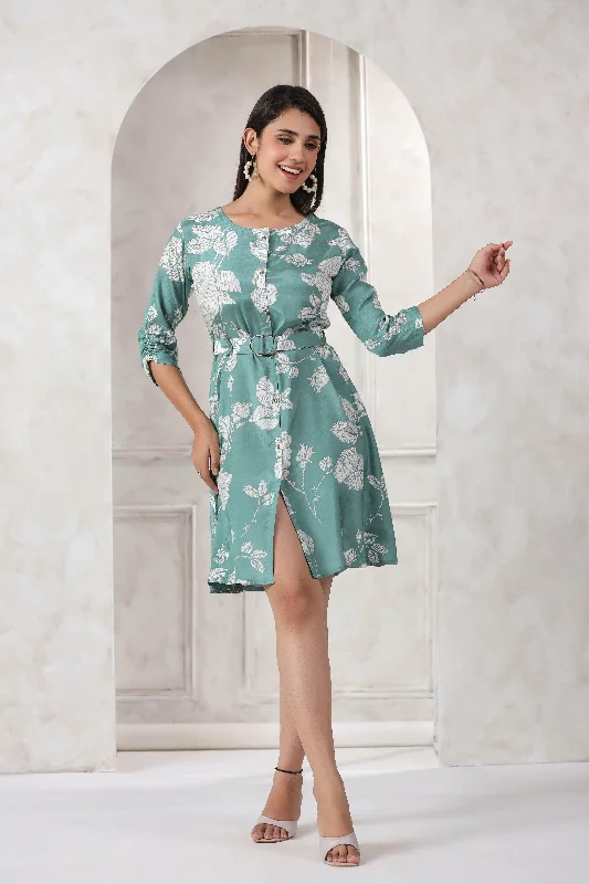 Aqua Green  Russian Silk Floral Print Mini Dress With Belt Stylish Summer Mini Dress