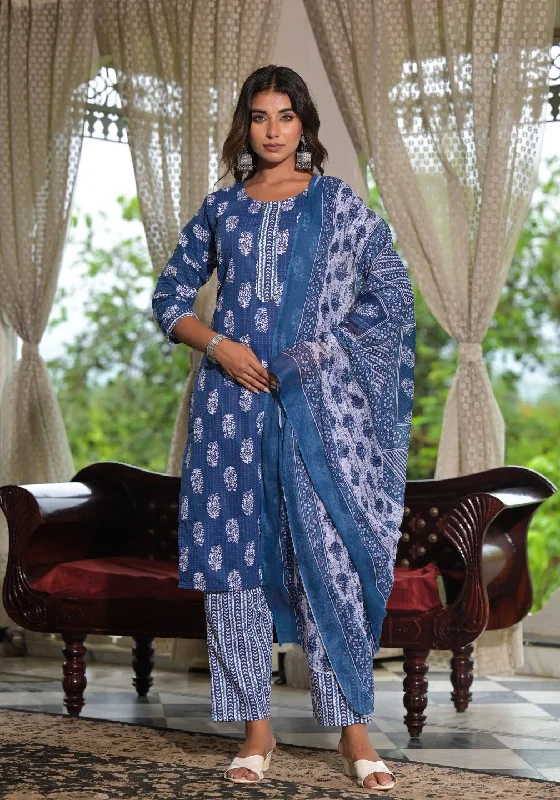 Juniper Women's Navy Ethnic Motif Printed Cotton Kurta, Pant And Dupatta Set With Lace Relaxed Linen Pants