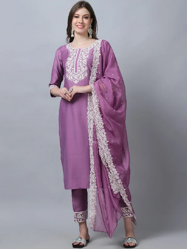 Indian Fashion Women Pink Embroidery silk Kurta, Pant And Dupatta Set Trendy Work Pants