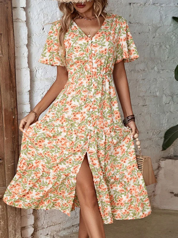 Blue Zone Planet |  Ladies Button Slit Floral Print Dress Tunics Chinos classic