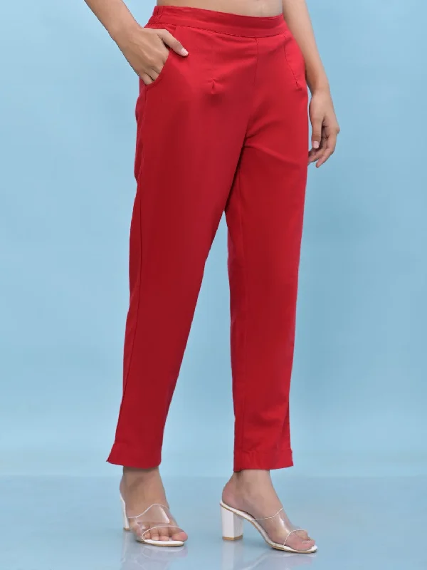 Juniper Women's Red Solid Cotton Pants with Partially Elasticated Waistband and Two Side Pockets Trendy Wide-Legged Trousers
