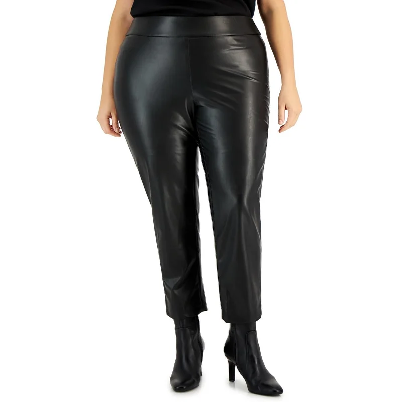 Plus Womens High Rise Faux Leather Ankle Pants Comfy Athletic Pants