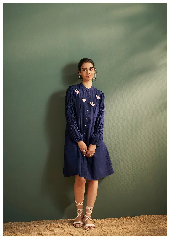 Blue Butterfly Motif Cotton Poplin  Mini Dress Trendy Tulle Mini Dress