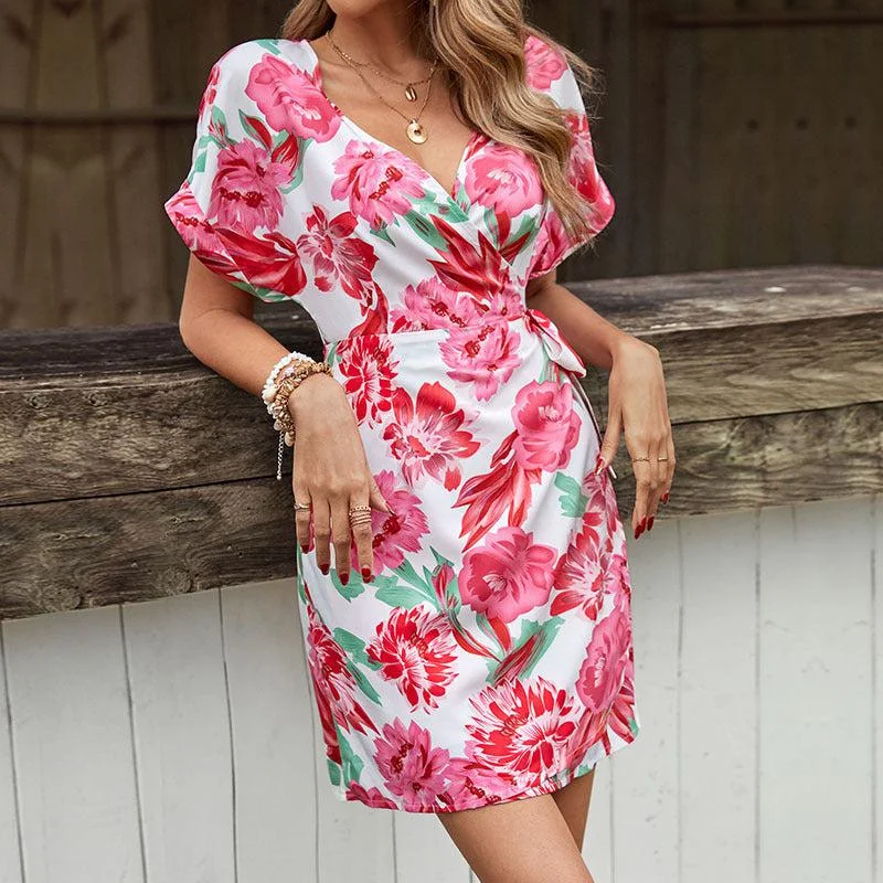 Floral Tied Short Sleeve Mini Dress Chic Bohemian Mini Dress