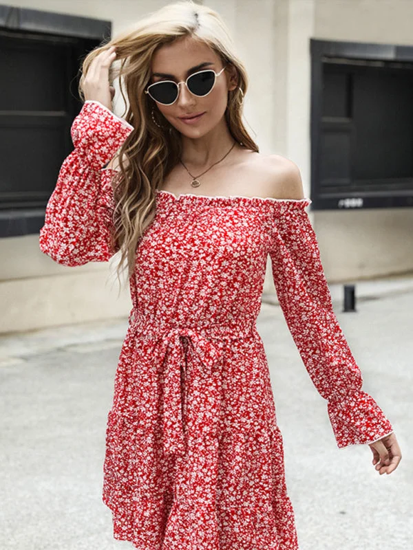 Blue Zone Planet |  Long-sleeved cold shoulder ditsy mini dress Cozy Wraparound Mini Dress