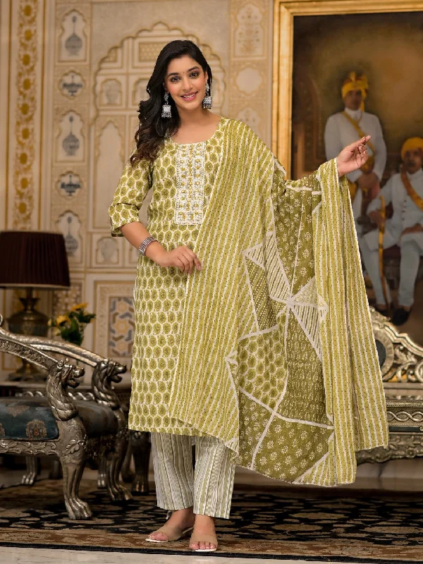 Juniper Women's Green Ethnic Motif Printed Cotton Kurta, Pant And Dupatta Set With Thread & Mirror Work Classic Cropped Pants